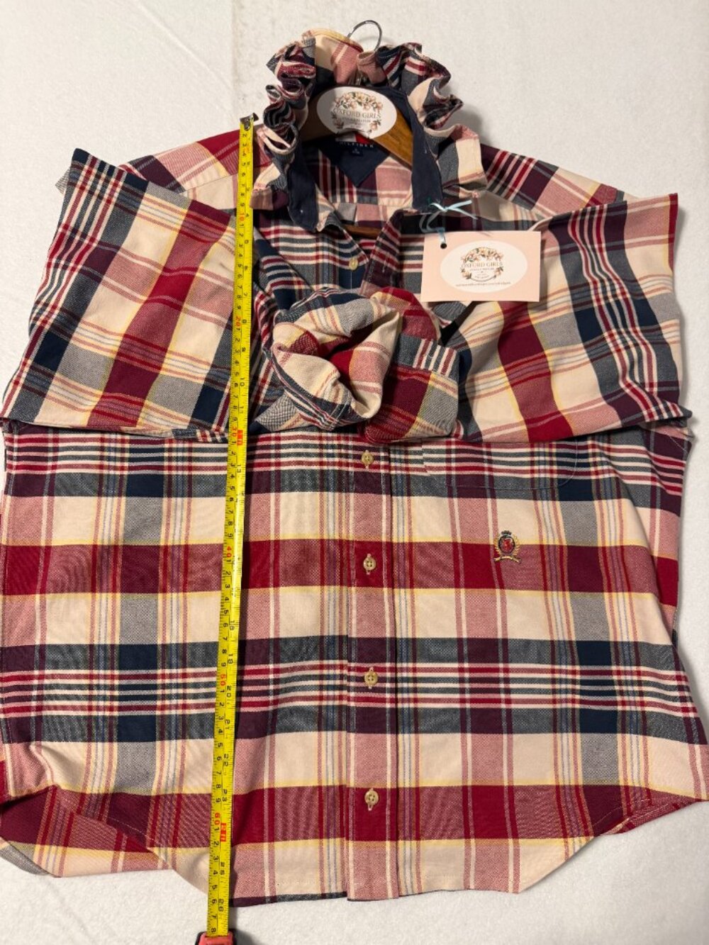 Upcycled Tommy Hilfiger Plaid Ruffle Collar Blouse | Heavy Cotton Shacket Light - Picture 5 of 6